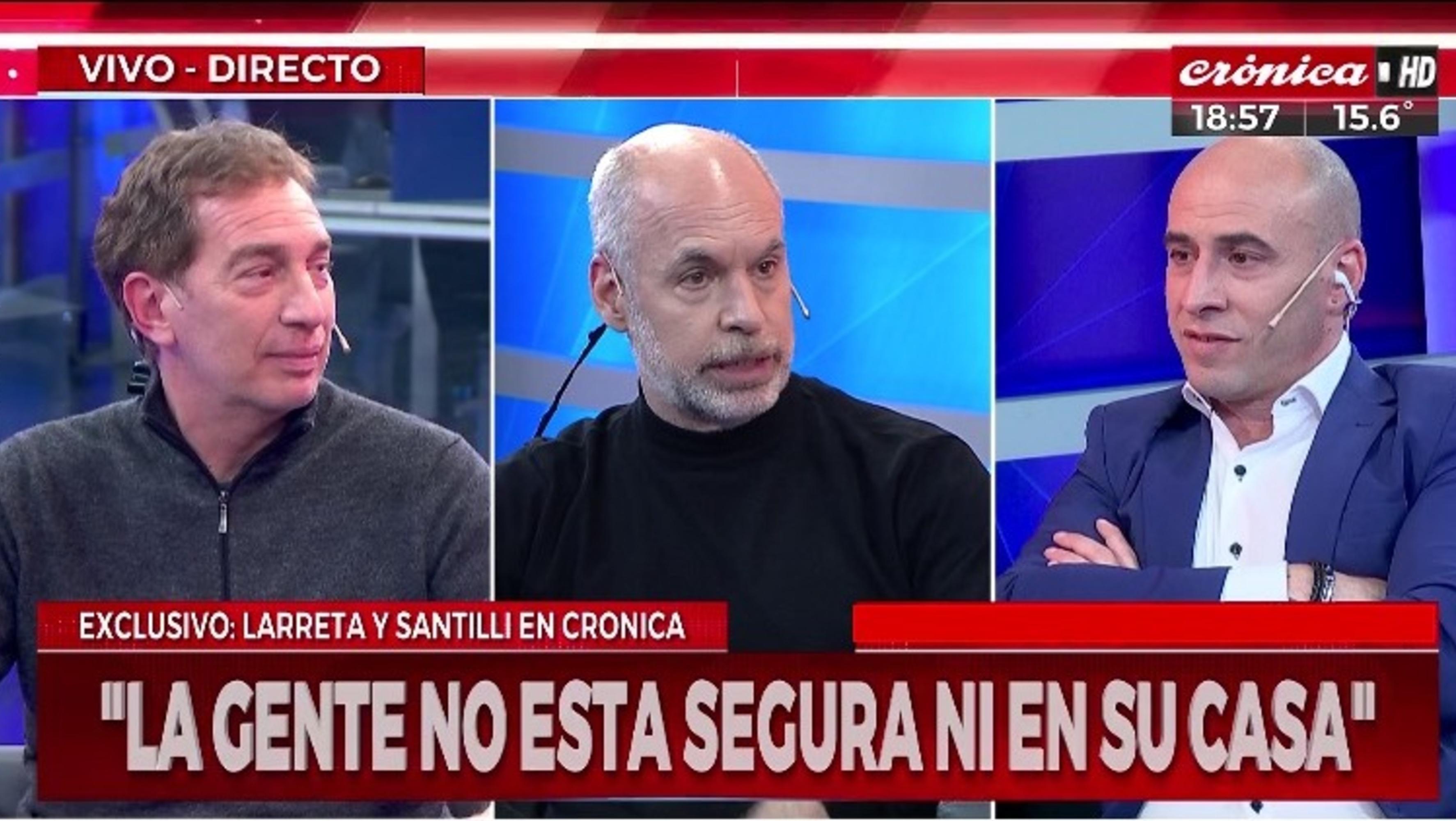 El jefe de Gobierno porteño Horacio Rodríguez Larreta y el precandidato a diputado nacional de Juntos por el Cambio en la Provincia de Buenos Aires Diego Santill en Crónica HD. (Captura video)