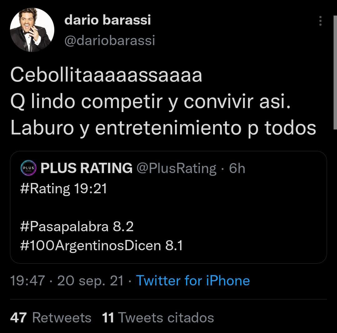 El tuit de Darío Barassi tras perder contra '  <a href='https://www.cronica.com.ar/diarioshow/tags/Pasapalabra'>Pasapalabra</a>'.