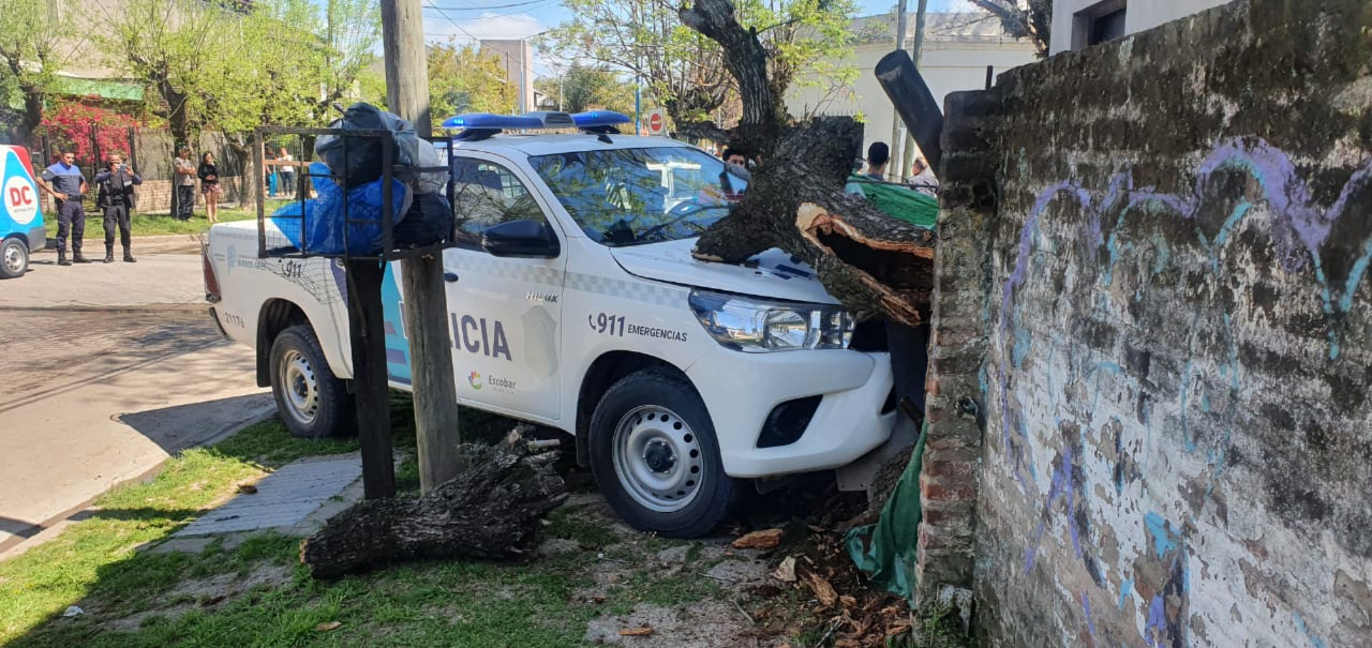 El patrullero del comisario destrozó un árbol y se incrustó en una vivienda.