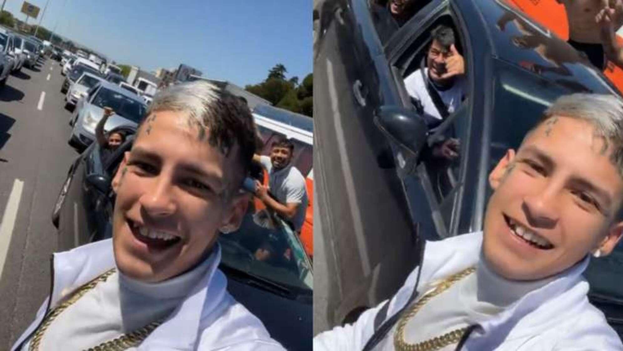 L-Gante sacándose fotos con sus fans en la autopista Acceso Oeste.