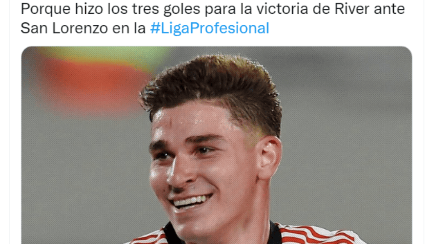 El delantero de River Julián Álvarez Igualó a José Sand y a Martín Ojeda en la cima de la tabla de goleadores del campeonato.