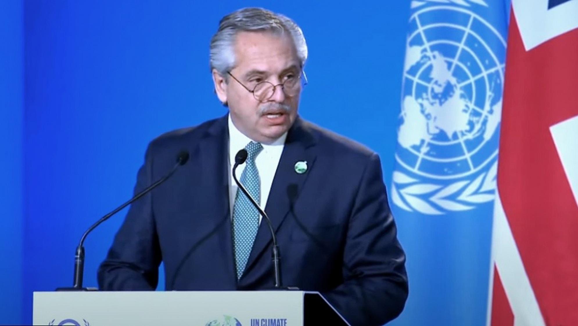 Alberto Fernández habló antes los líderes del mundo en la cumbre COP26, en Glasgow, Escocia.