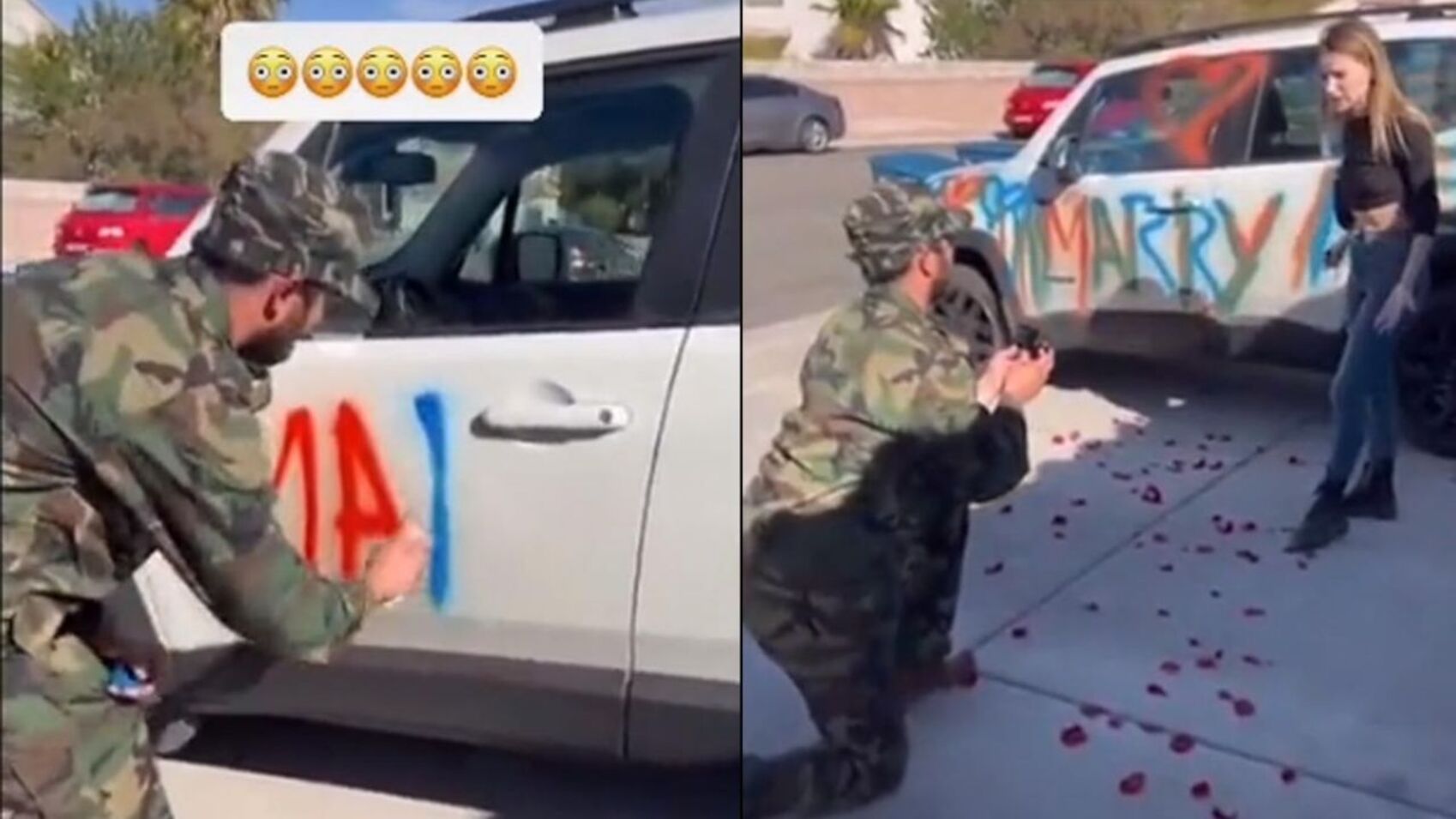 Un soldado le pidió matrimonio a su novia de un modo insólito y la reacción de ella se volvió viral (imagen captura vídeo).