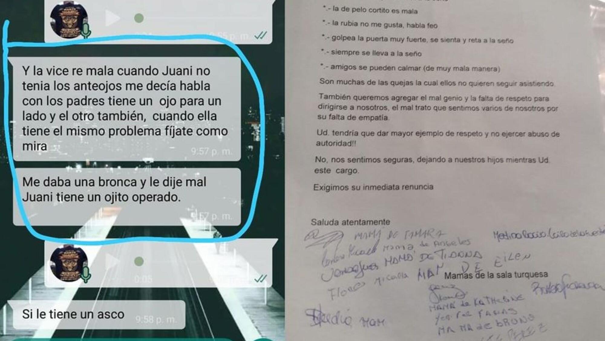 Los chat que difundió la mujer, y la nota presentada por las otras mamás.