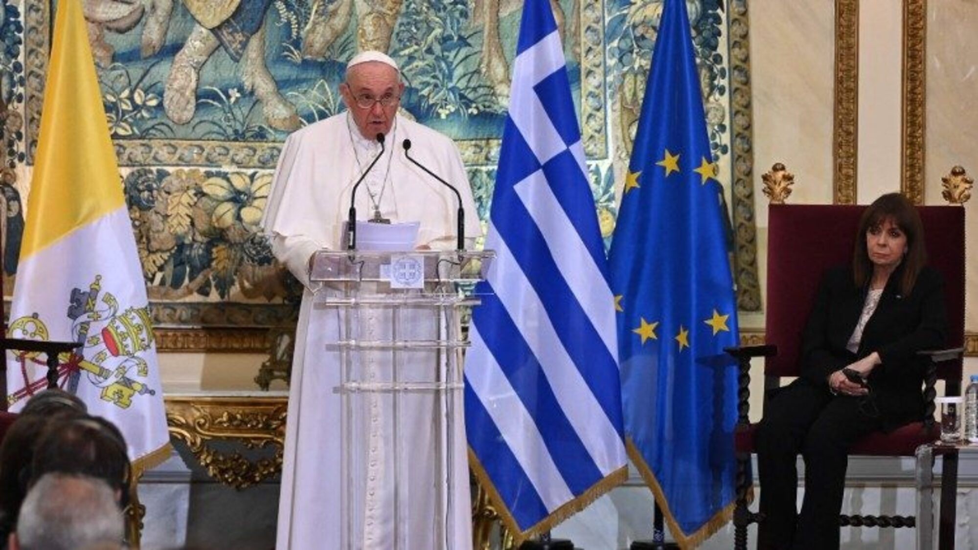 El Papa, durante su discurso efectuado este sábado desde Grecia (Gentileza Vatican News).