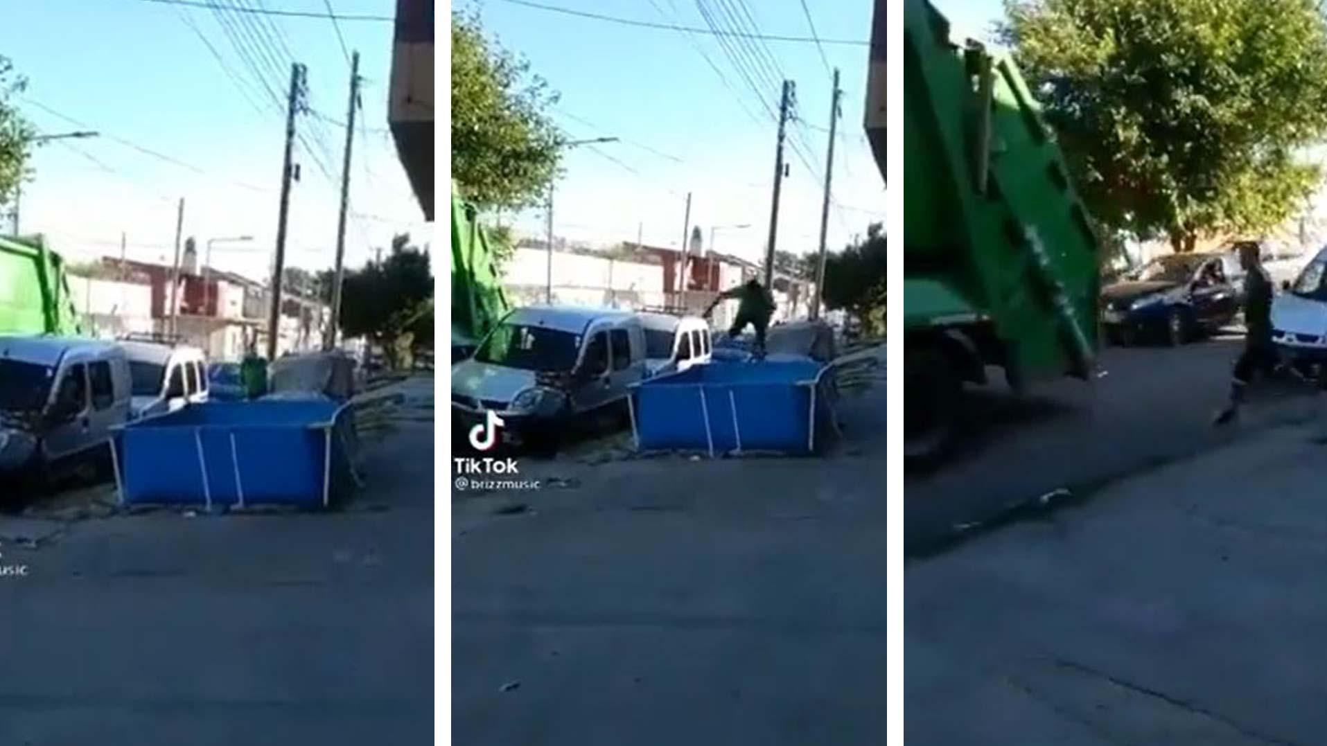 El video viral del recolector de basura que se tiró a una pileta para refrescarse.