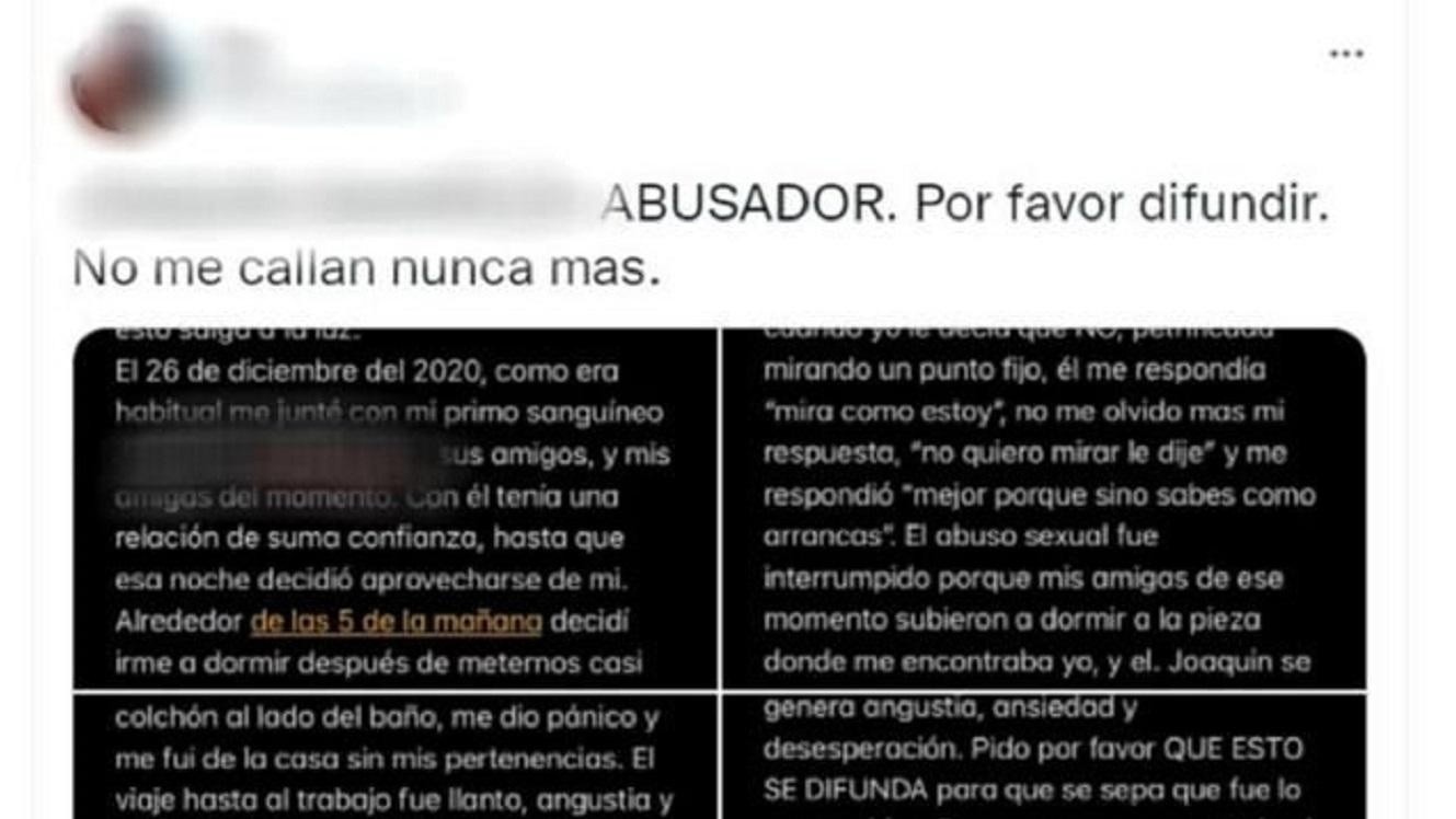 Su primo abusó de ella y decidió escracharlo en las redes sociales ante la falta de Justicia (Twitter).