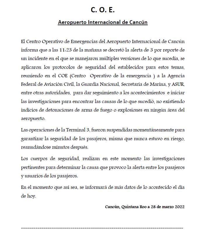 El comunicado del Aeropuerto Internacional de Cancún.