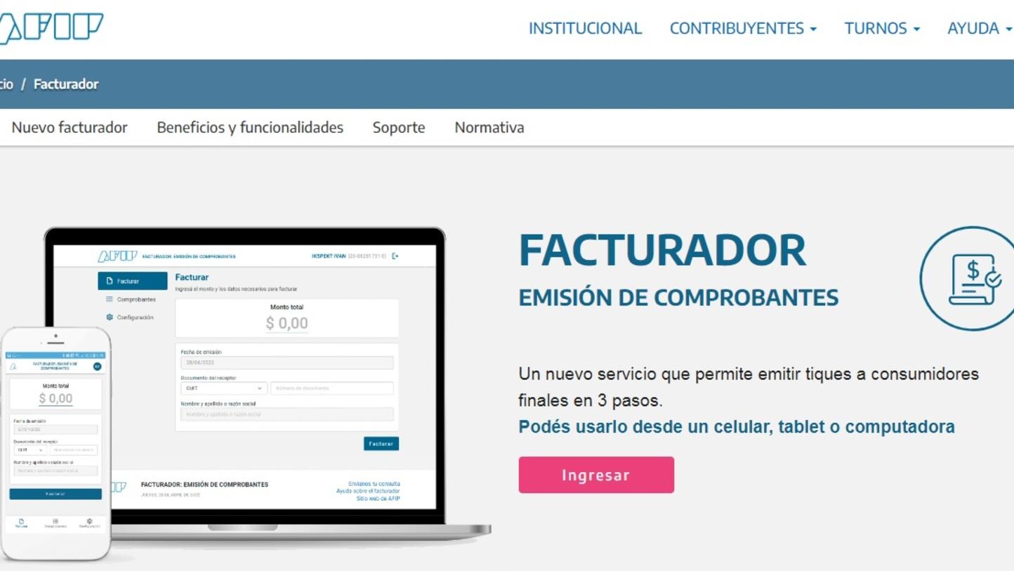 El nuevo facturador para monotributistas de la AFIP entró en vigencia este miércoles (Captura de pantalla).