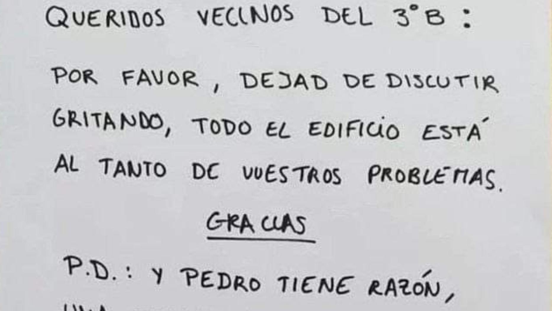 La irónica carta de unos vecinos se volvió viral en Twitter.