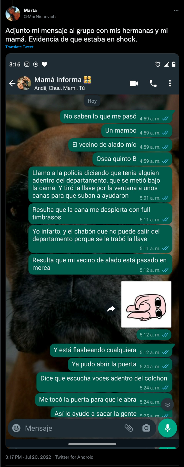 El mensaje que le envió a su familia tras el insólito episodio.