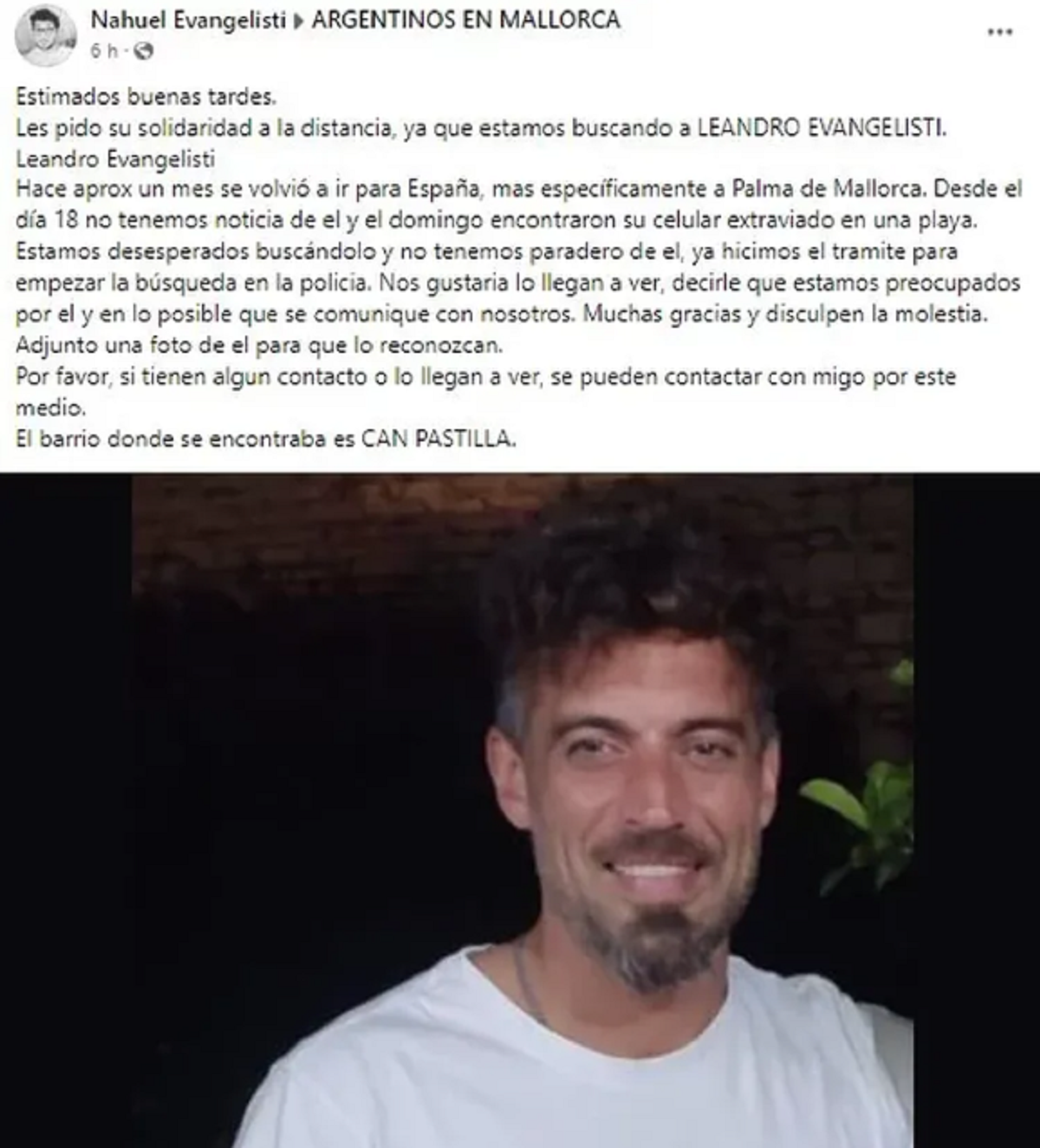 La familia de Leandro Evangelisti lo busca hace una semana.