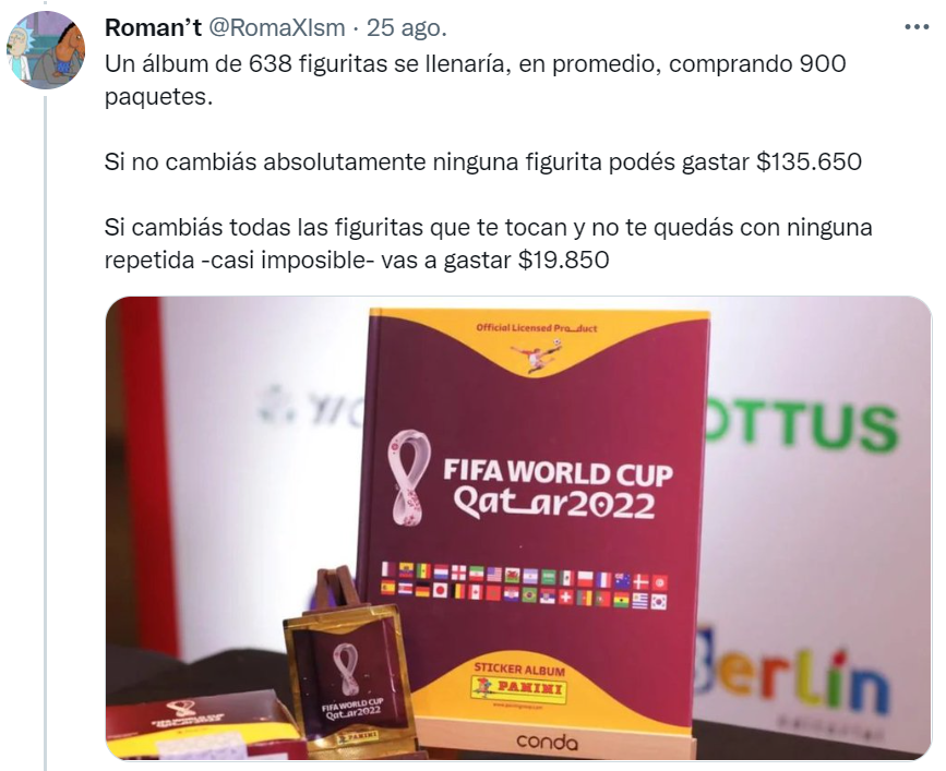 Tuitero calculó cuánto sale llenar el álbum del   <a href='https://www.cronica.com.ar/tags/Mundial Qatar 2022'>Mundial Qatar 2022</a> (  <a href='https://www.cronica.com.ar/tags/Twitter'>Twitter</a>/@RomaXlsm).