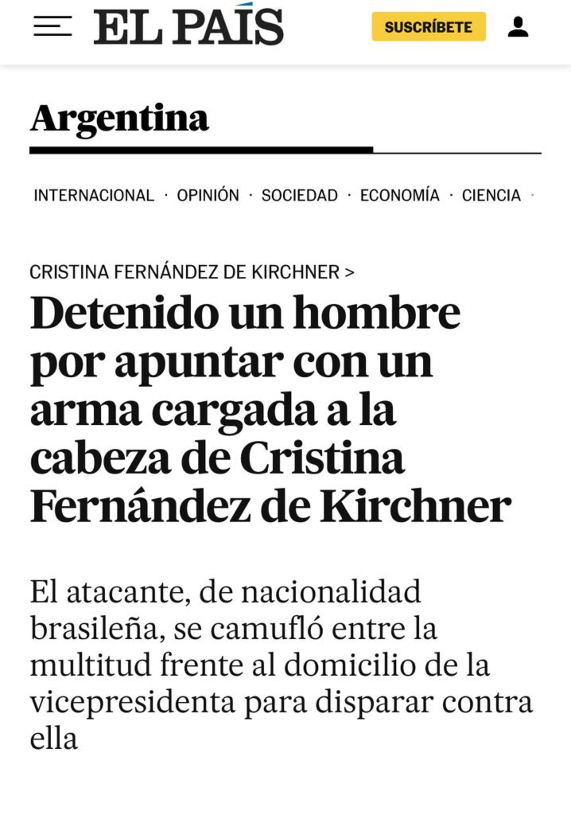 El País informó sobre el atentado a Cristina Kirchner.