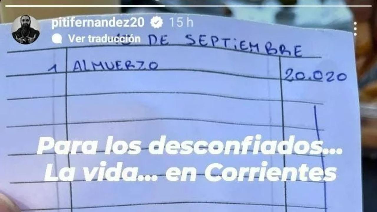 Piti Fernández compartió en Instagram el ticket de un restaurante y desató polémica.