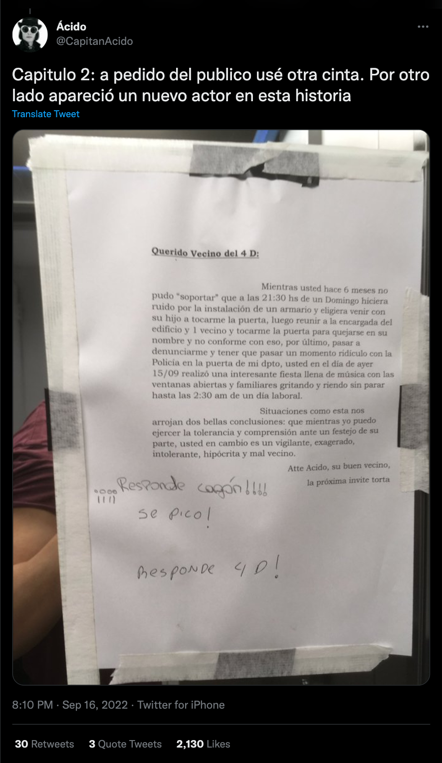 Otra de las cartas que el usuario viral le envió a su vecino.