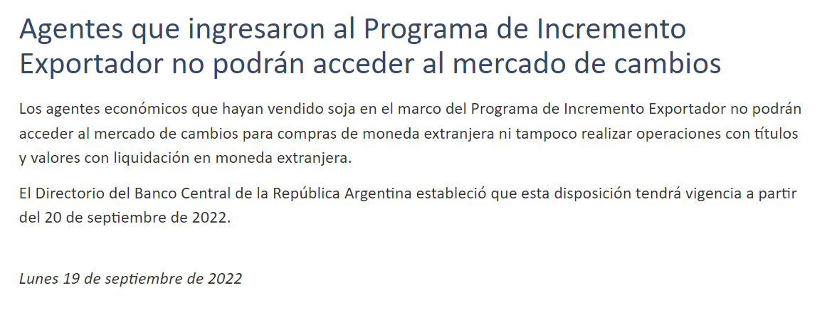 Comunicado del   <a href='https://www.cronica.com.ar/tags/Banco Central'>Banco Central</a> sobre el   <a href='https://www.cronica.com.ar/tags/Dólar'>Dólar</a>   <a href='https://www.cronica.com.ar/tags/Soja'>Soja</a>.