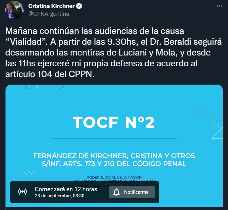 Tuit Cristina Kirchner