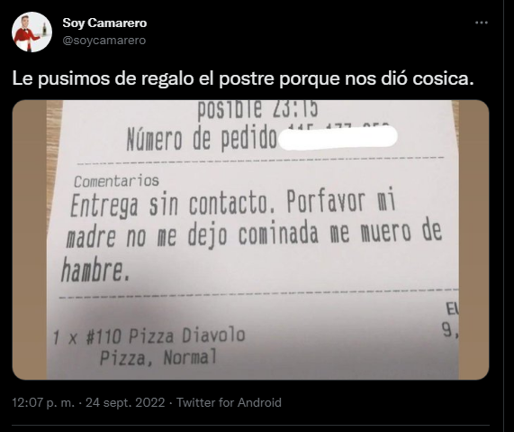 El desesperado mensaje de un joven en el ticket del restaurante.