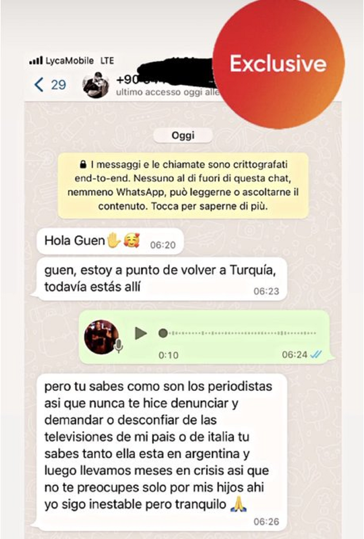 La captura de pantalla que publicó Guendalina Rodríguez sobre la supuesta conversación que tuvo con Mauro Icardi.