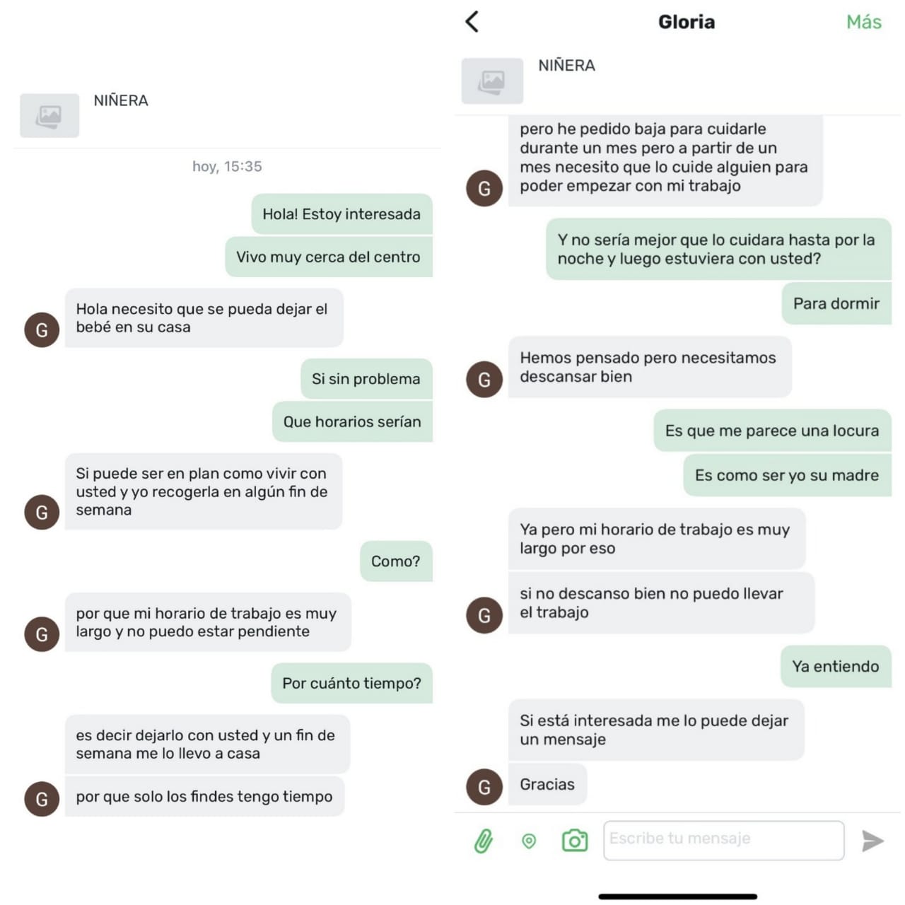 Las capturas de las conversaciones que la niñera mantuvo con la madre del bebé.