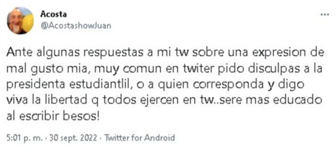 El polémico 'pedido de disculpas' de   <a href='https://www.cronica.com.ar/tags/Juan Acosta'>Juan Acosta</a>.