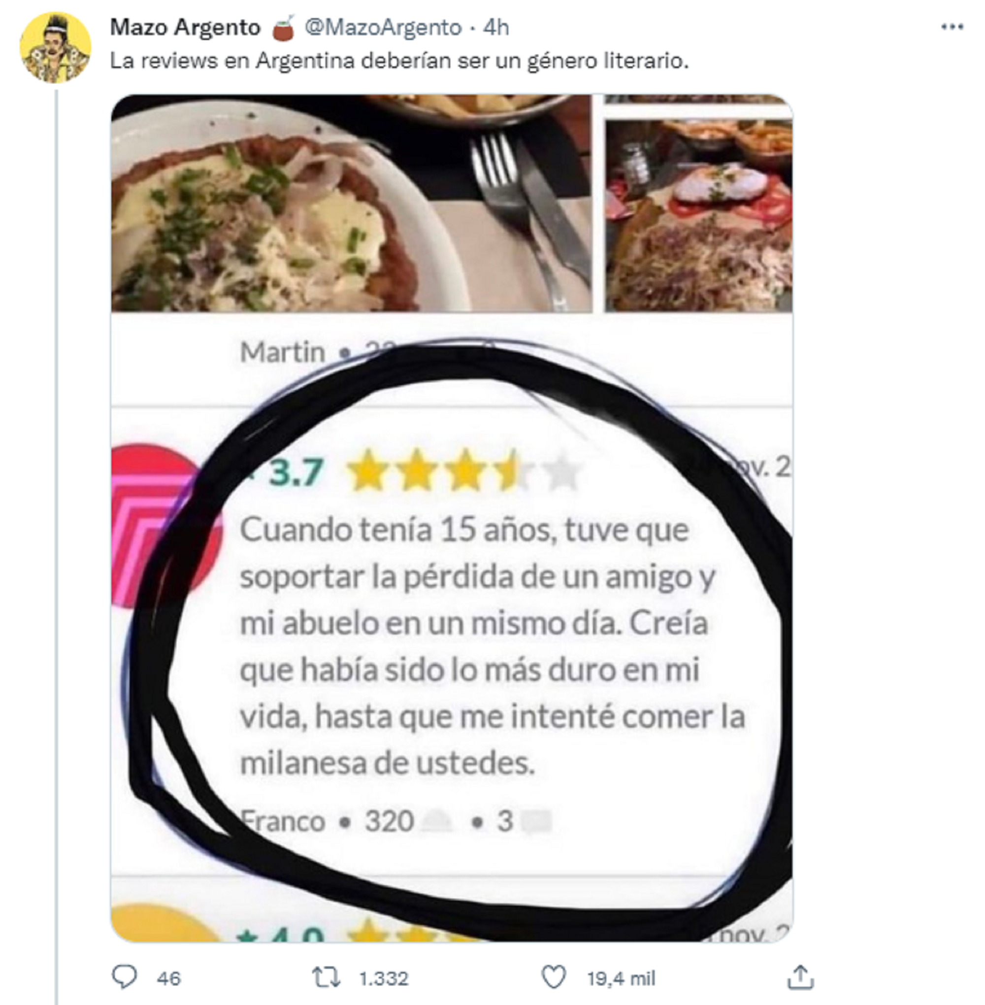 Reseña de una milanesa es viral en las redes sociales (Twitter/@MazoArgento).