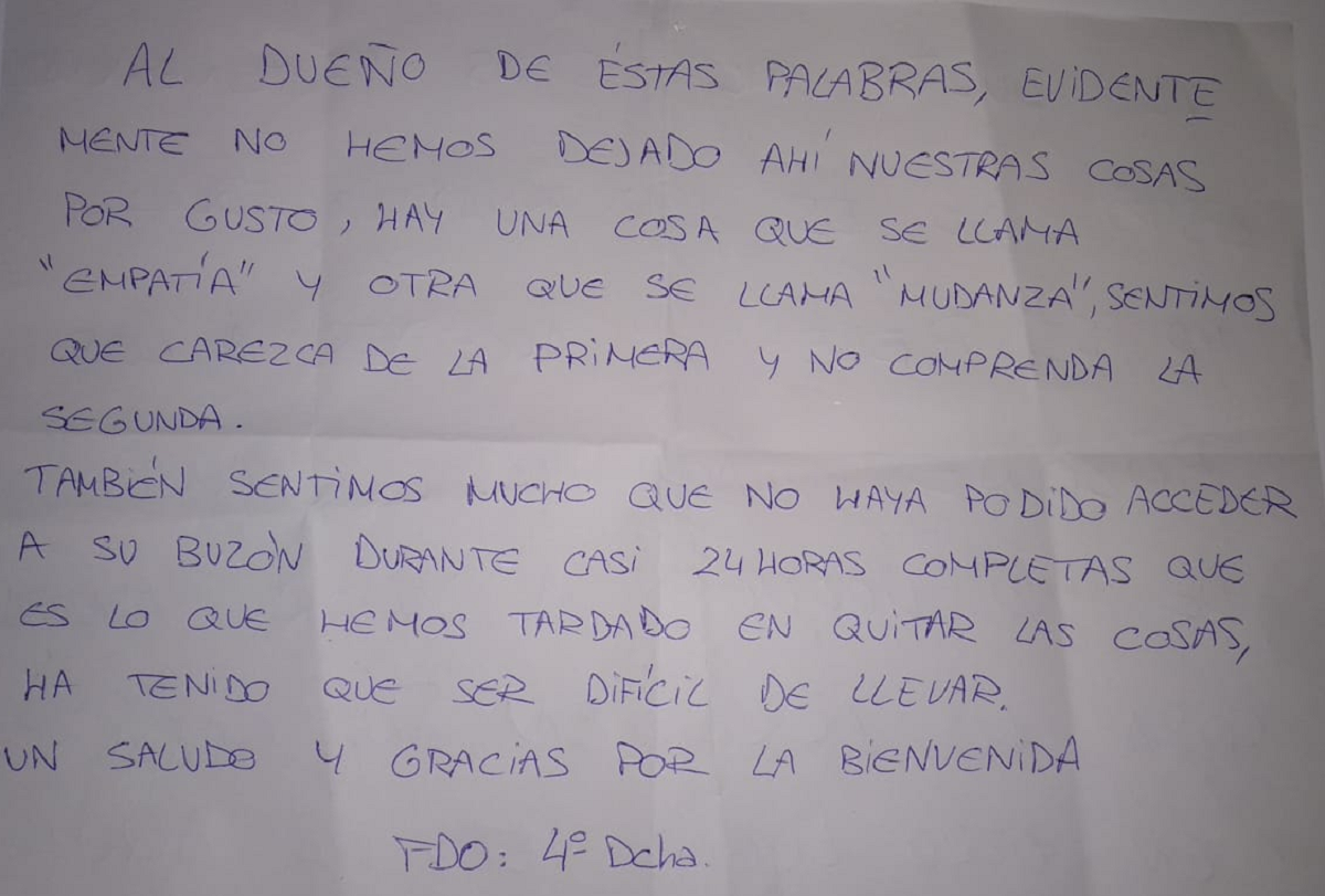 La respuesta de Melisa a los vecinos que le dejaron la nota inicial.