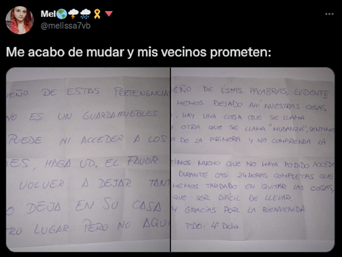 El tuit viral de la joven que publicó la nota de 'bienvenida' que le hicieron sus vecinos.