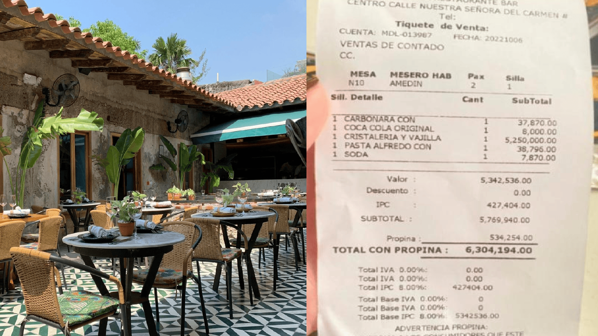 En Colombia, denunciaron el valor total del ticket de un restaurante.