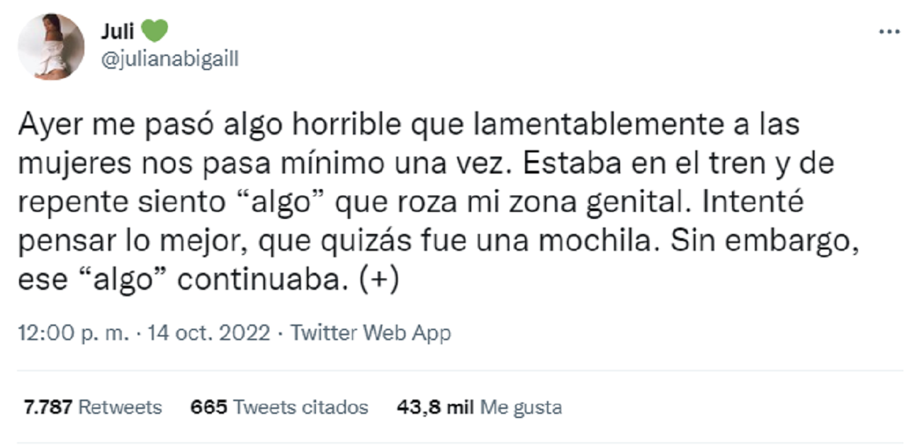 El tuit de la estudiante de la   <a href='https://www.cronica.com.ar/tags/UBA'>UBA</a> que sufrió un abuso en el   <a href='https://www.cronica.com.ar/tags/Tren Roca'>Tren Roca</a>.