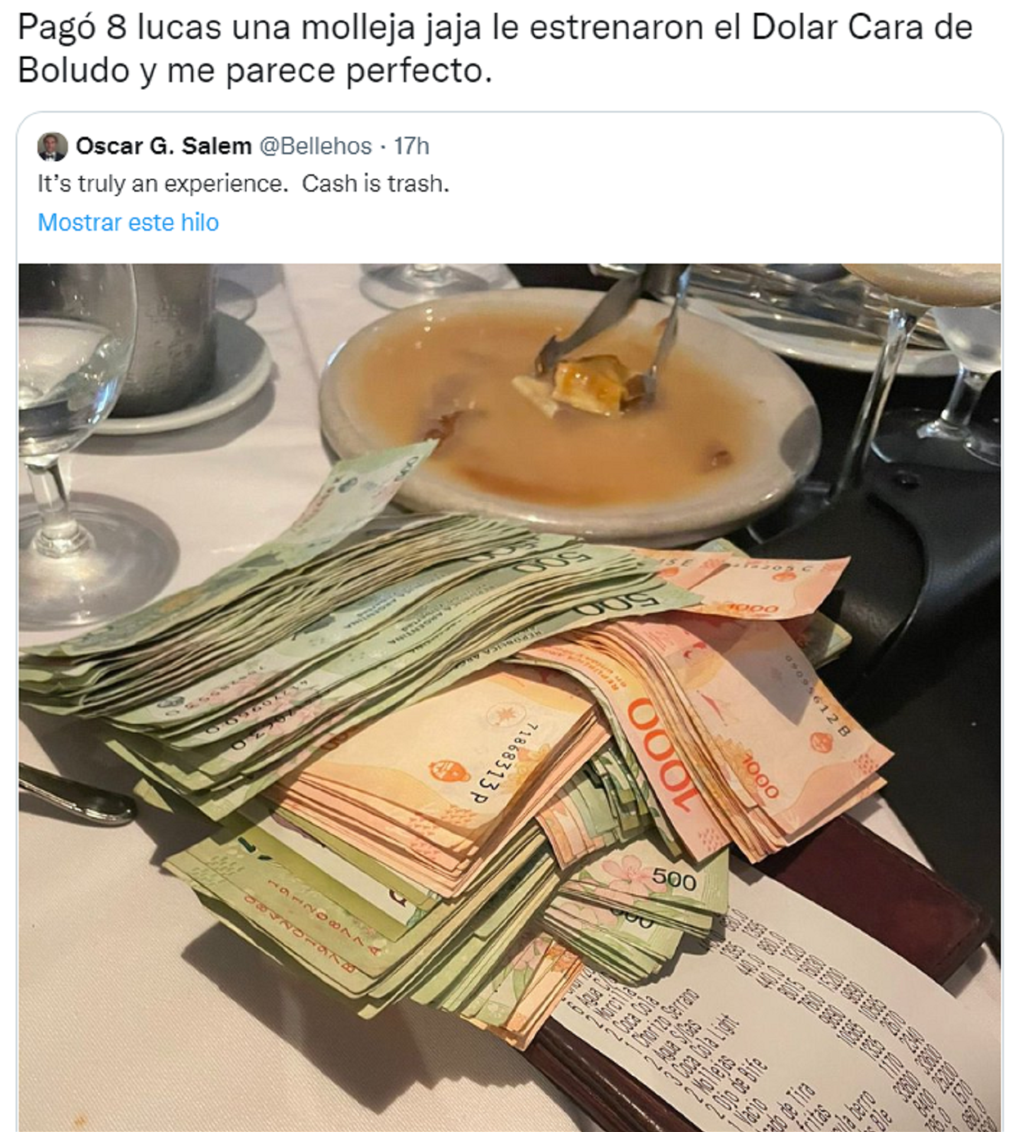 Un “yanqui” pagó la cuenta en un restaurante argentino con un fangote de efectivo y estalló Twitter.