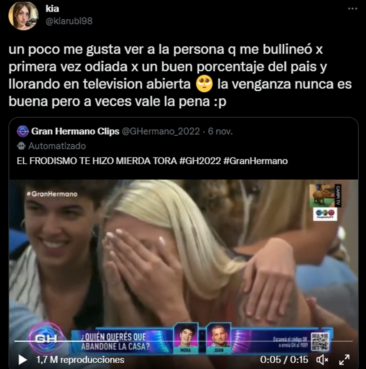 El tuit de la joven que denunció a 'La Tora' de   <a href='https://www.cronica.com.ar/tags/Gran Hermano'>Gran Hermano</a> 2022.