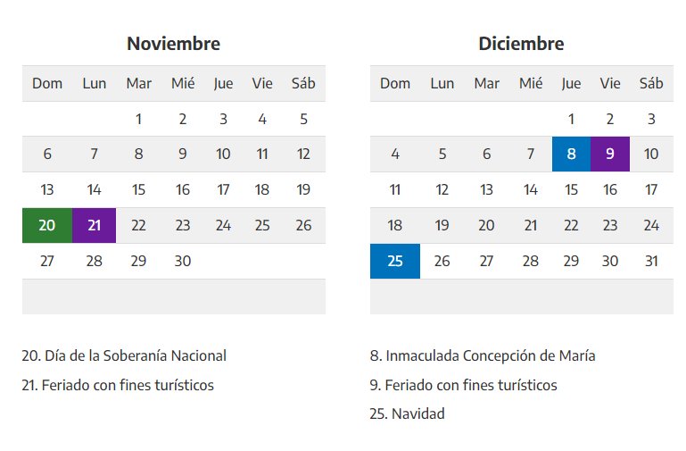 Calendario de feriados.