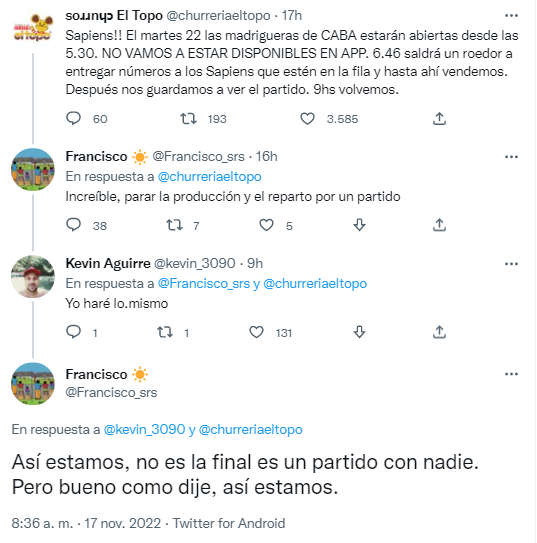 Cruce desopilante de una churrería por los partidos del   <a href='https://www.cronica.com.ar/tags/Mundial Qatar 2022'>Mundial Qatar 2022</a> (Twitter/@churreriaeltopo).