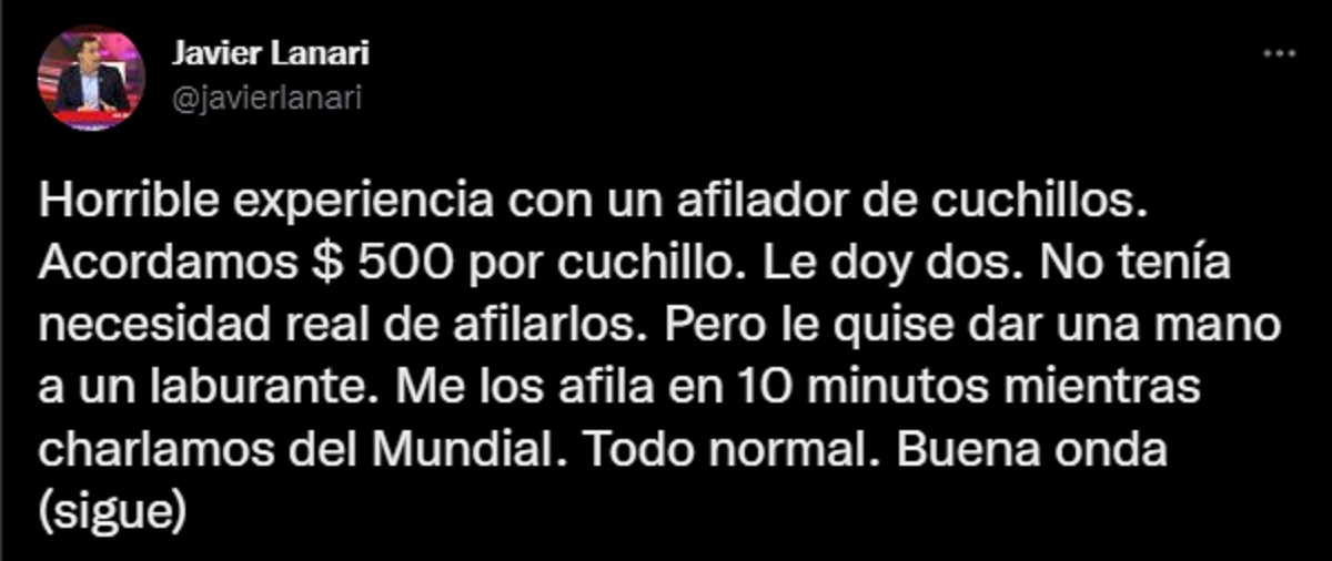 El tuit viral del hombre que contó la experiencia con el afilador de cuchillos.