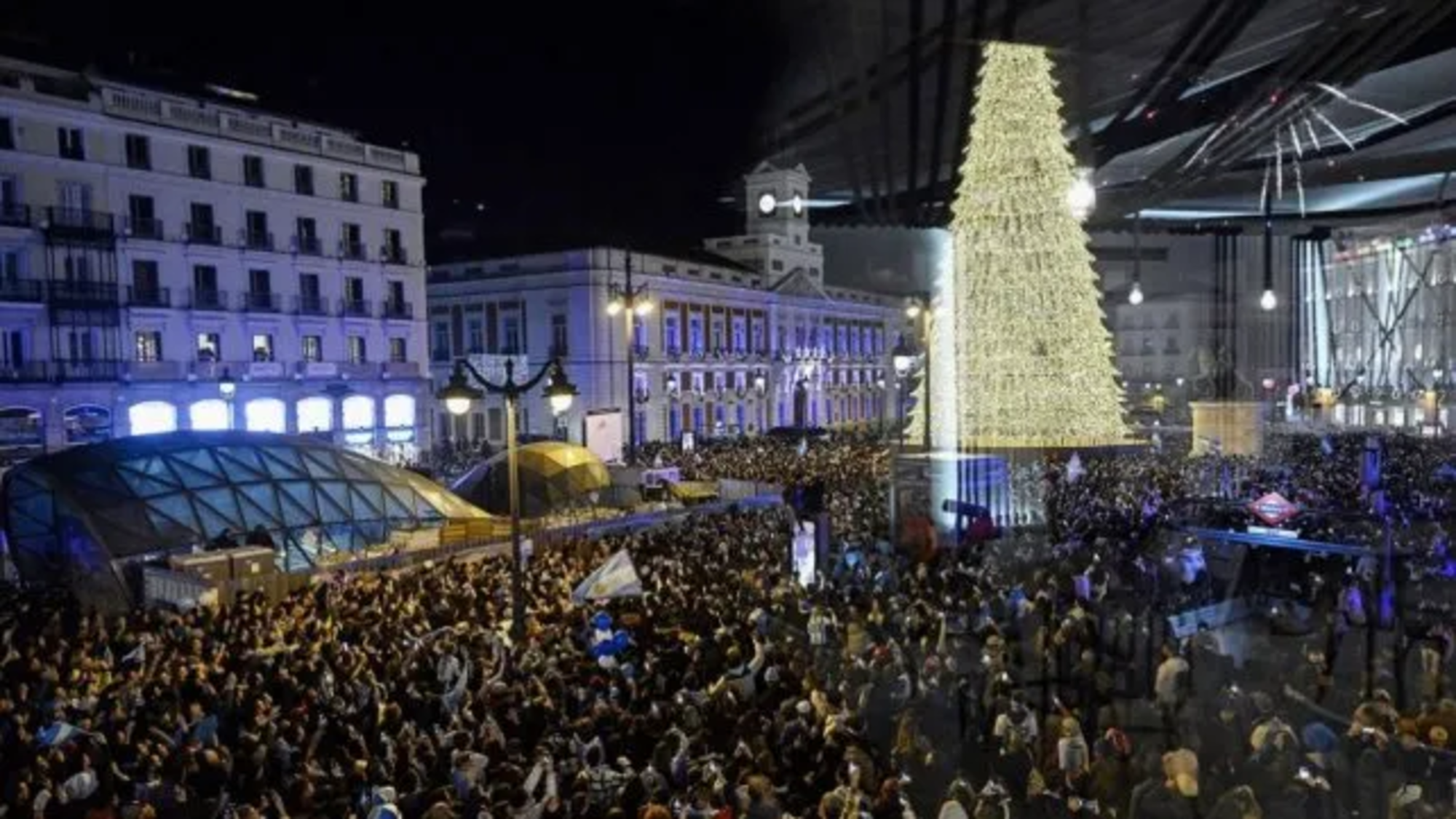 El árbol en Puerta de Sol escalado por los hinchas argentinos que fueron detenidos