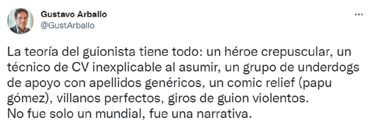 Tuit viral sobre la 'teoría del guionista' sobre el   <a href='https://www.cronica.com.ar/tags/Mundial Qatar 2022'>Mundial Qatar 2022</a>. 