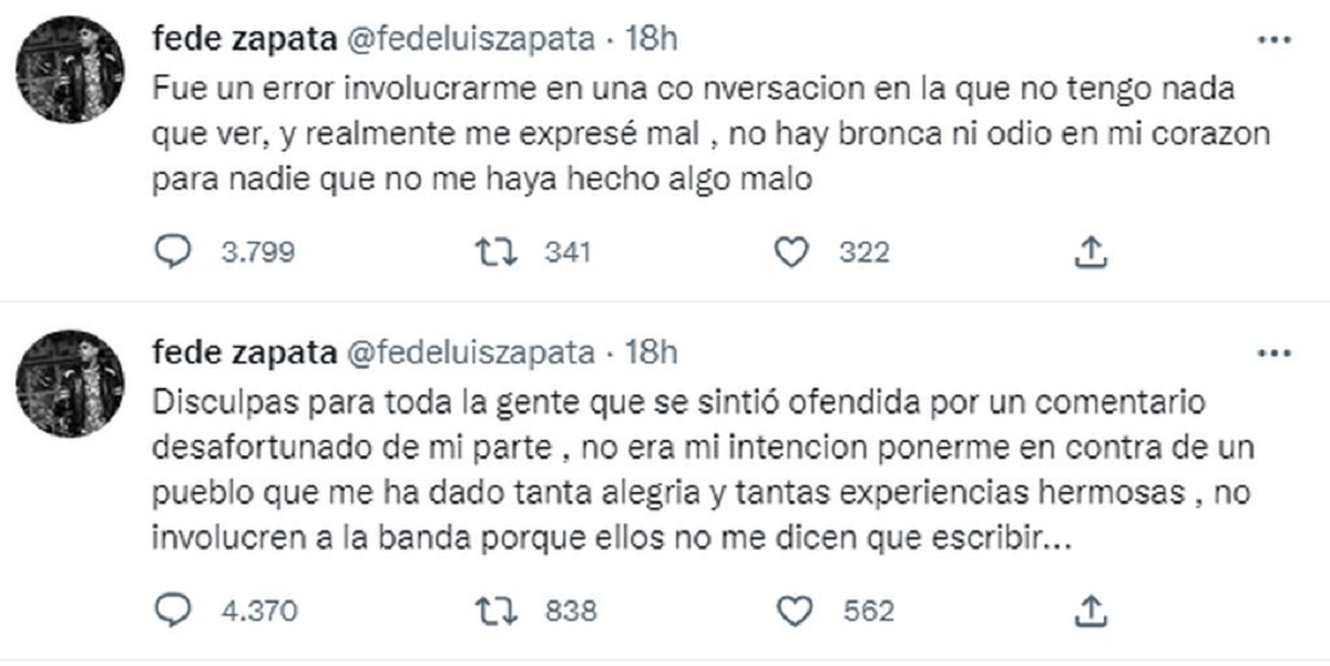 La disculpa de Federico Zapata en Twitter.