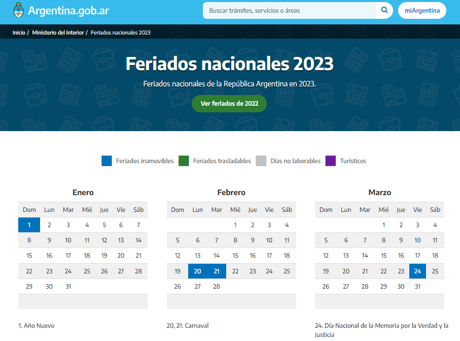 Calendario de feriados nacionales 2023.