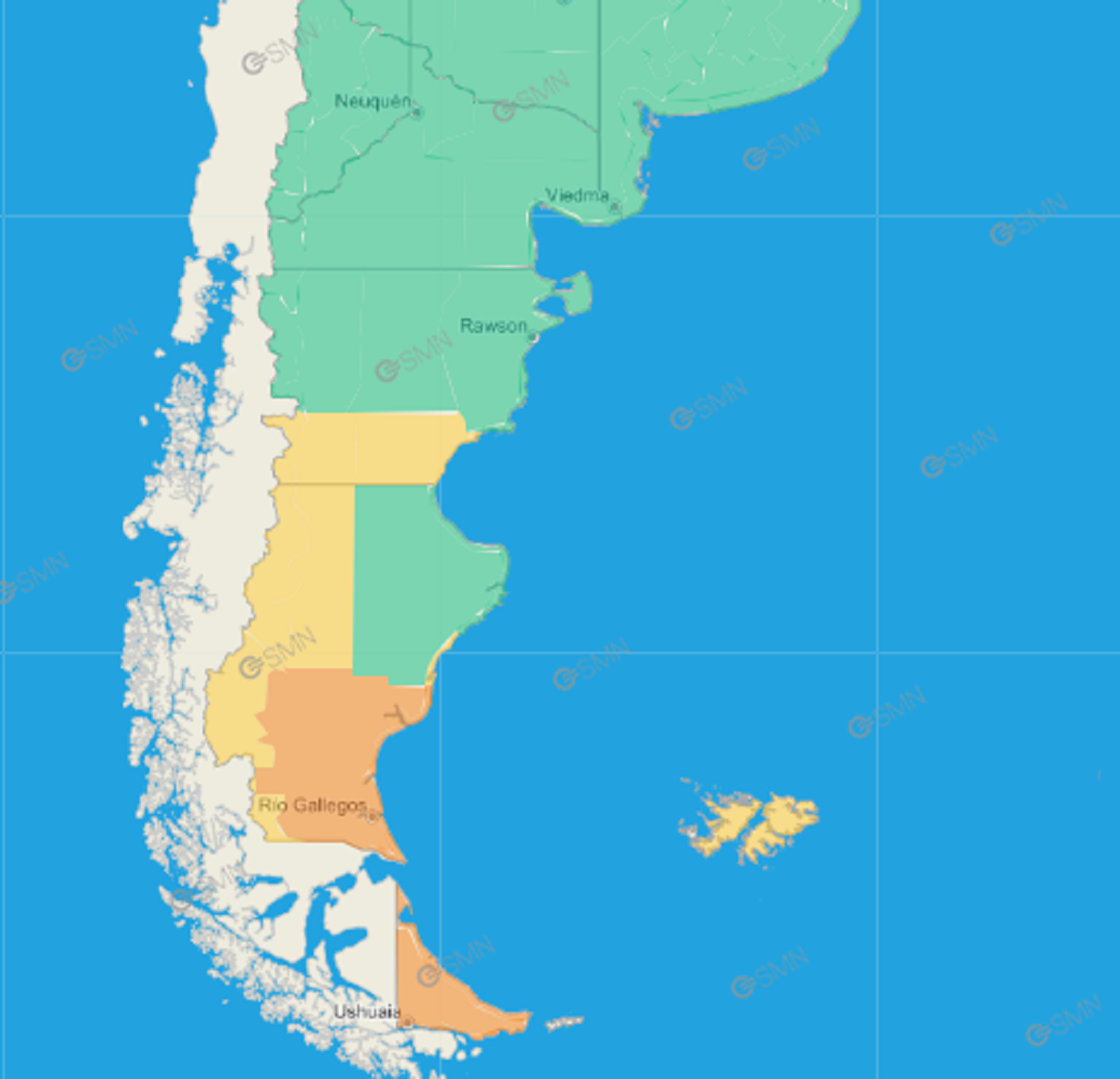 El mapa de alertas en el sur de Argentina.