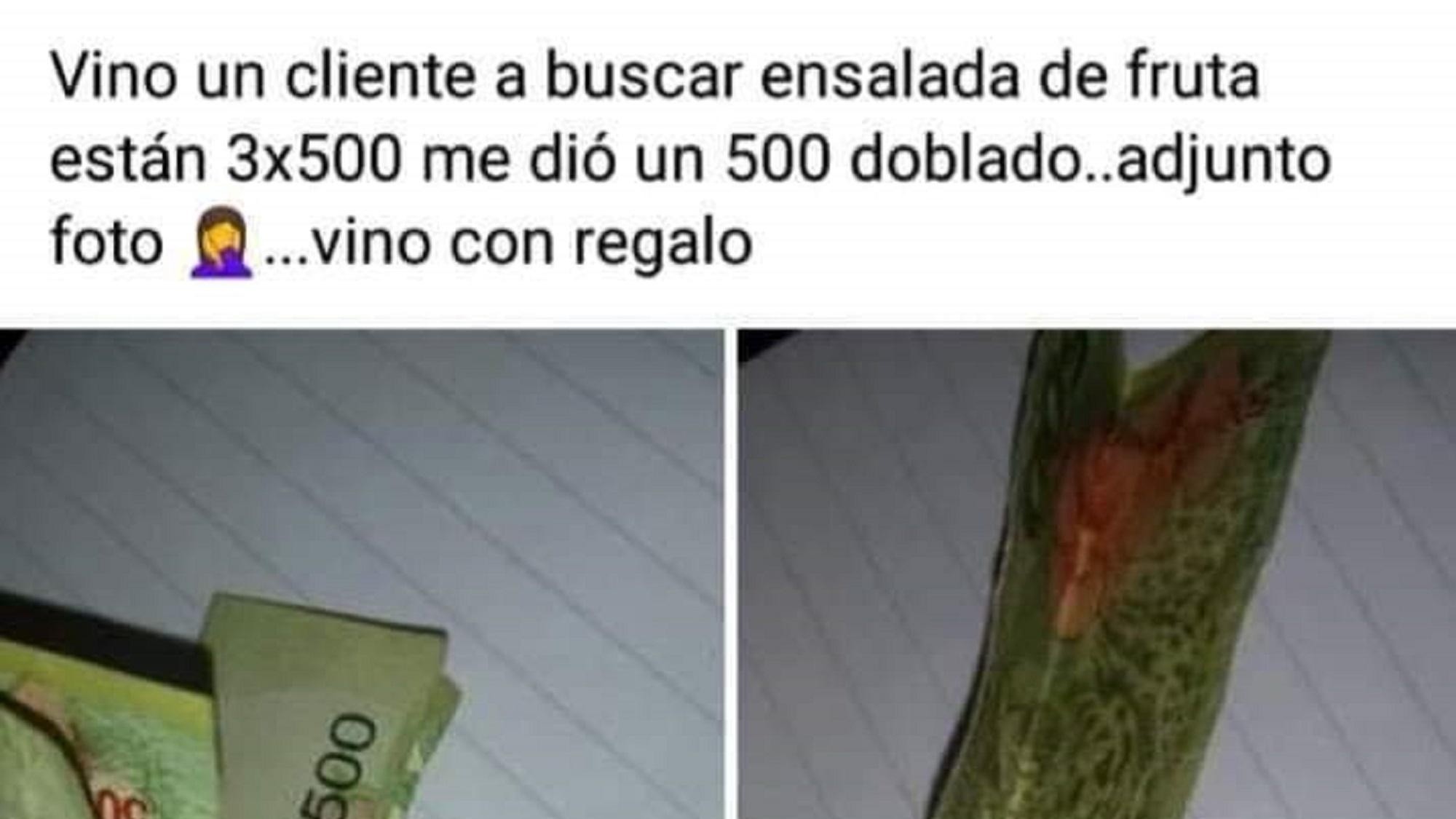 “Ensalada de frula”: le pagaron con un billete de $500 doblado y lo que tenía adentro la dejó impactada