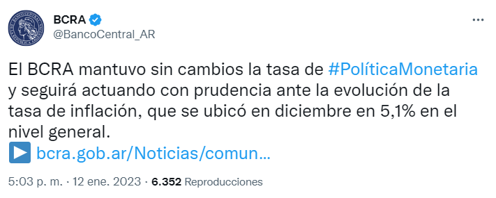 Comunicado del   <a href='https://www.cronica.com.ar/tags/Banco Central'>Banco Central</a> sobre Politica Monetaria con la inflación de diciembre.