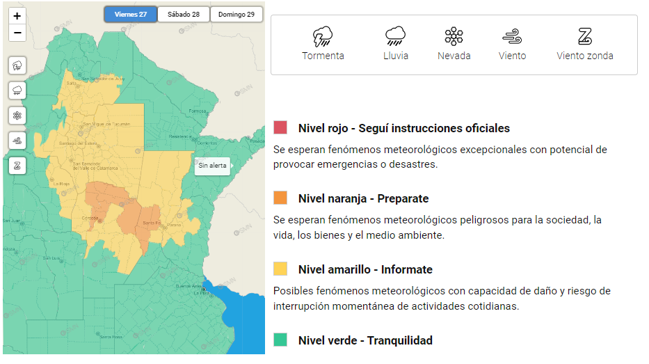 Servicio Meteorológico Nacional alerta naranja y amarilla