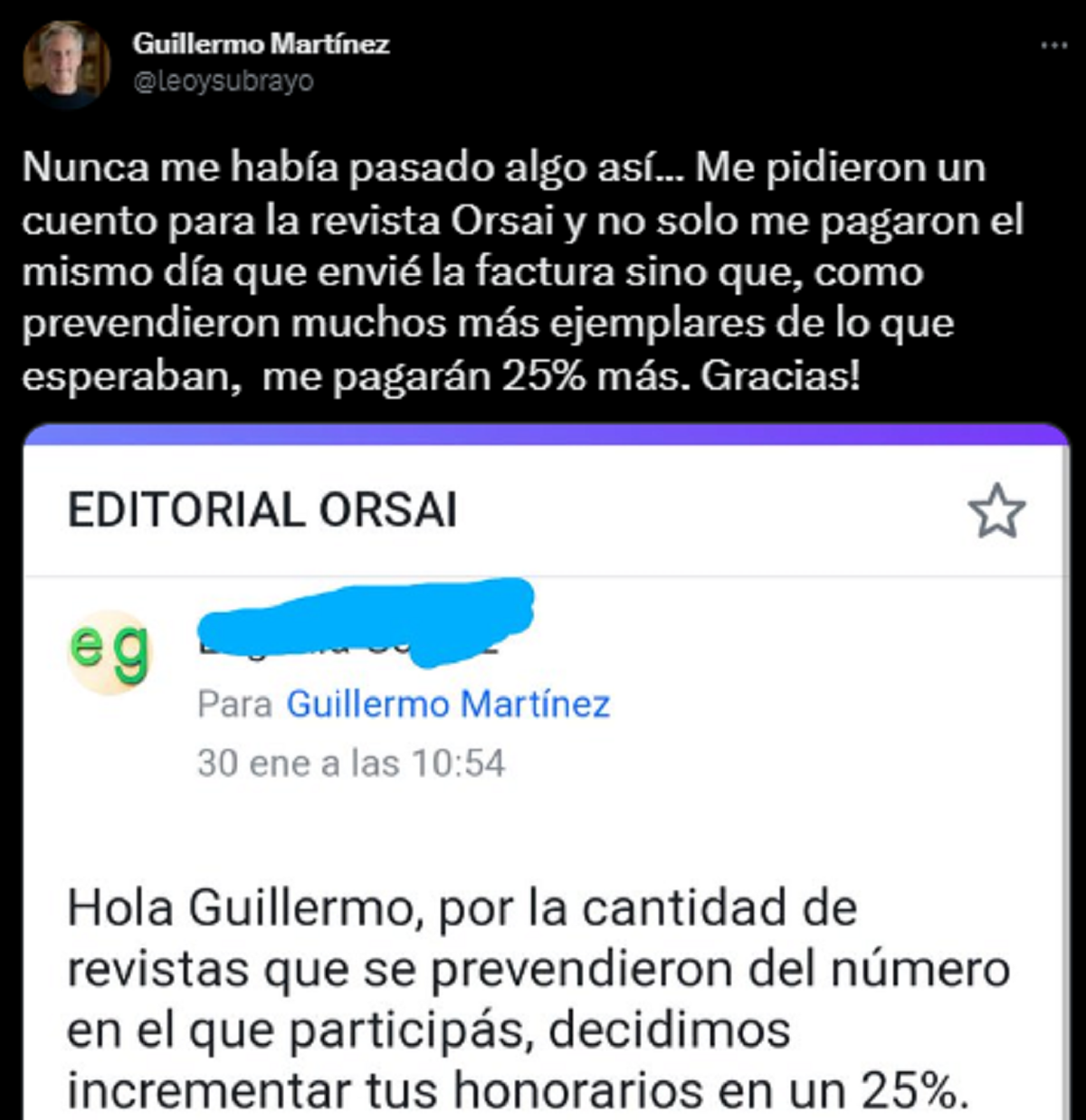 El tuit de Guillermo Martínez ante la sorpresa que se llevó con la revista.