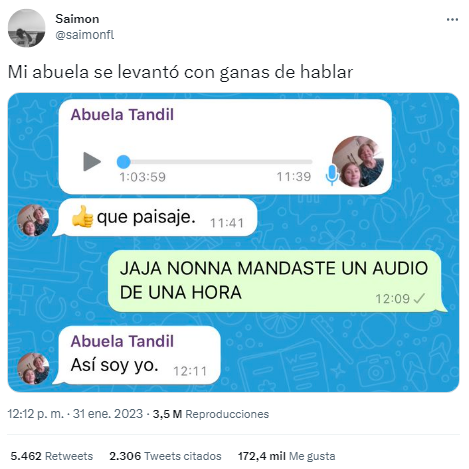 Un pibe mostró el insólito error de su abuela por Whatsapp y es viral (Twitter/@saimonfl).