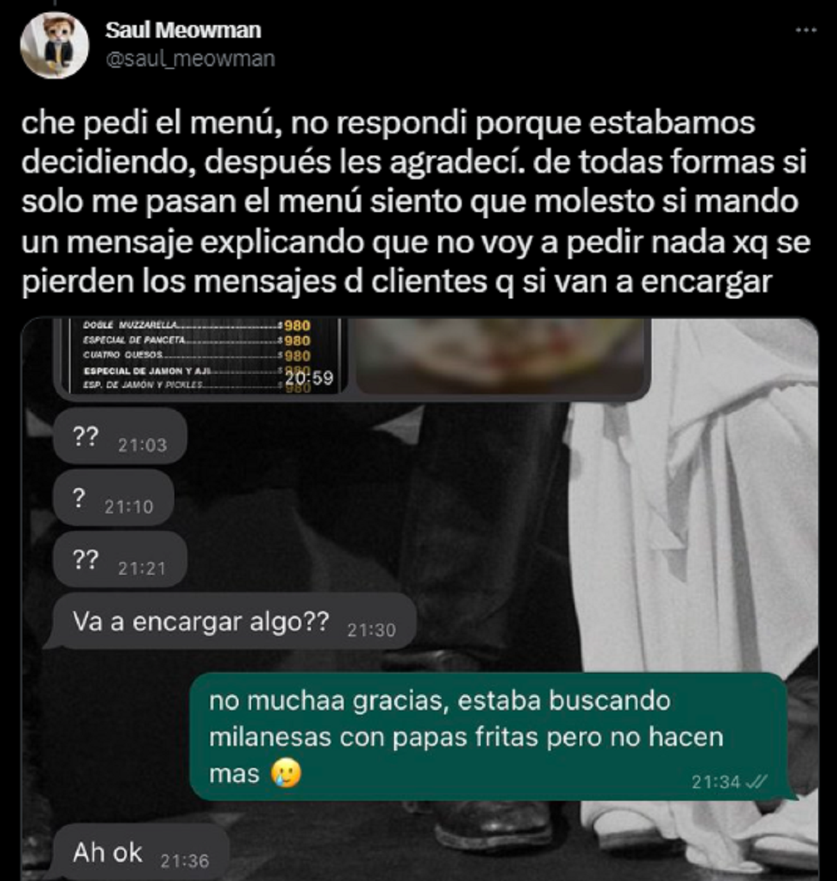 El usuario aclaró la situación con la rotisería a través de otro tuit.