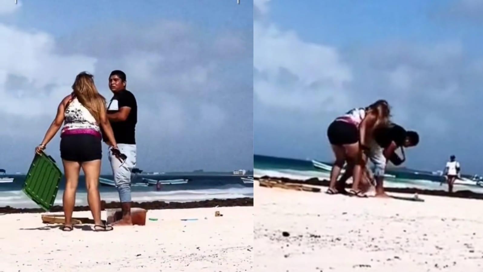 Mujer discute con un vendedor en una playa de Tulum y le tira todos sus productos.