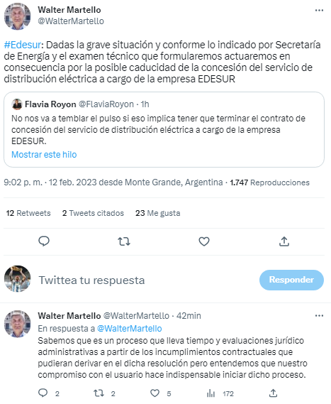 Tuit del titular del Enre contra   <a href='https://www.cronica.com.ar/tags/Edesur'>Edesur</a> (Twitter/@WalterMartello).