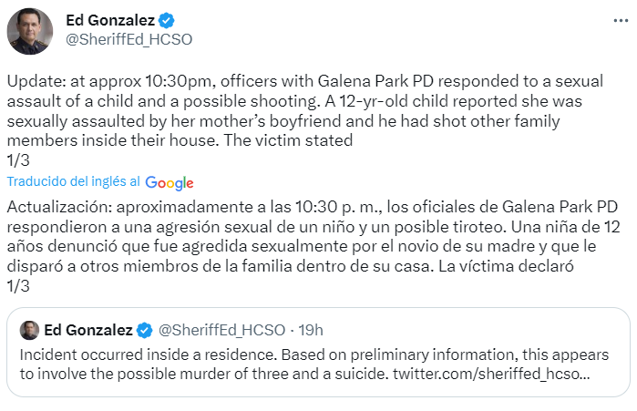 El comunicado de la policía de   <a href='https://www.cronica.com.ar/tags/Texas'>Texas</a> (Twitter/SheriffEd_HCSO).